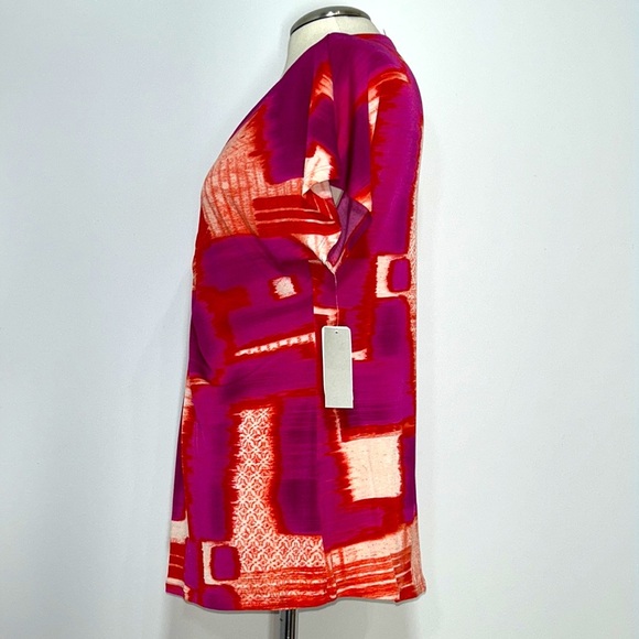 Natori V-Neck Ruched Short Sleeve Geometric Blouse Size Large - Picture 2 of 10